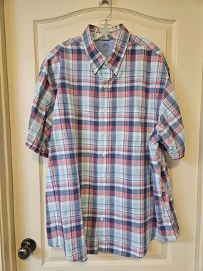 IZOD Saltwater Men’s Short Sleeve Plaid Button-Down Shirt - Blue & Pink